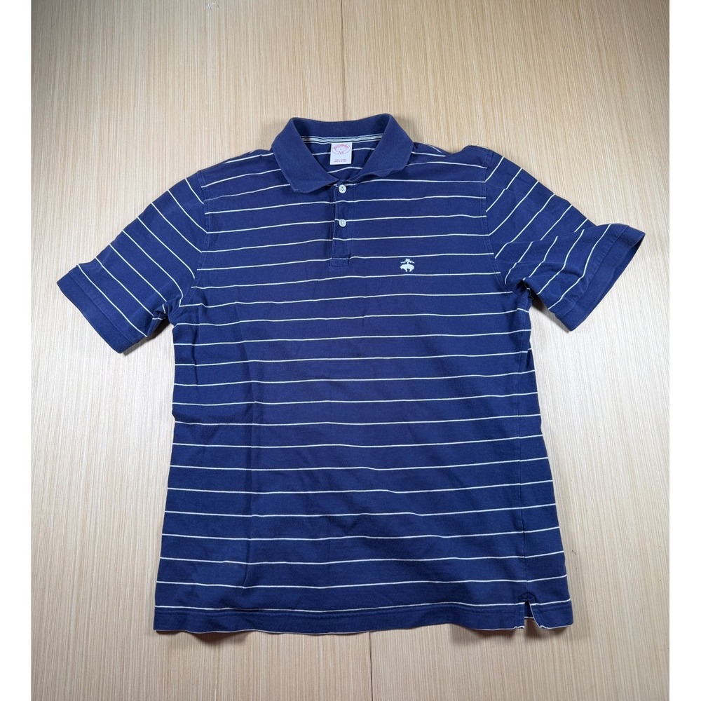 Brooks Brothers Polo Shirt‎ Mens Large Navy Blue Striped Embroidered Logo Cotton